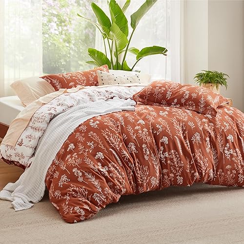 Miniatura 2 de Bedsure - Funda de edredón tamaño King, reversible terracota con cierre de cremallera, juego de ropa de cama de 3 piezas con estampado floral con 8