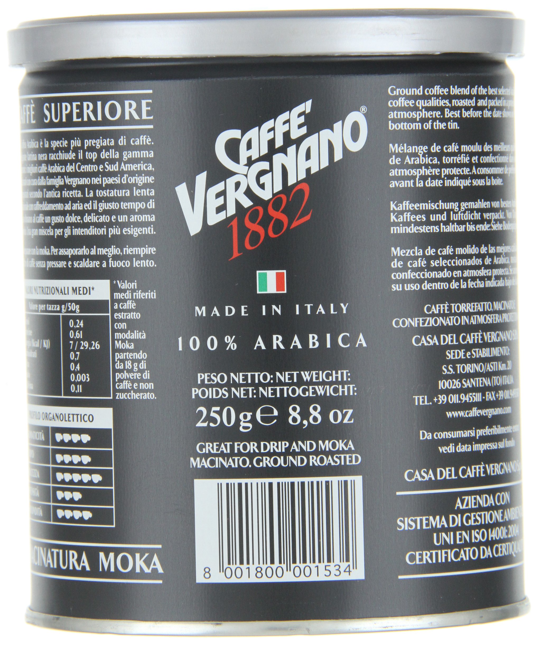 Caffè Vergnano 1882 - Barattolo di caffè 100% Arabica macinato, per moka, confezione da 2500 g