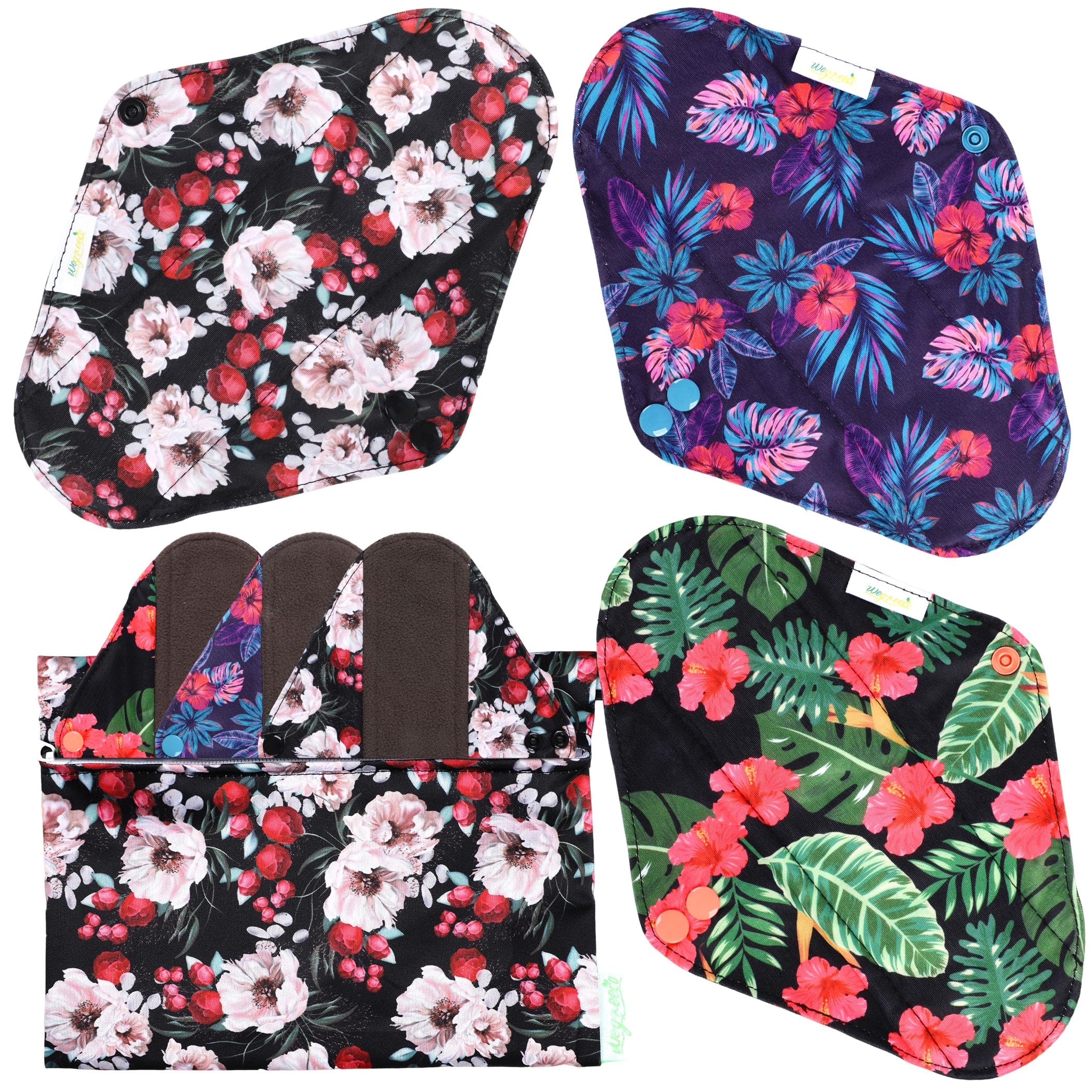 wegreeco Charcoal Reusable Menstrual Pads - Reusable Sanitary Pads | Reusable Panty Liners | Soft Cloth Menstrual - 6 Pack with 1 Cloth Mini Wet Bag (Large, Hawaiian)