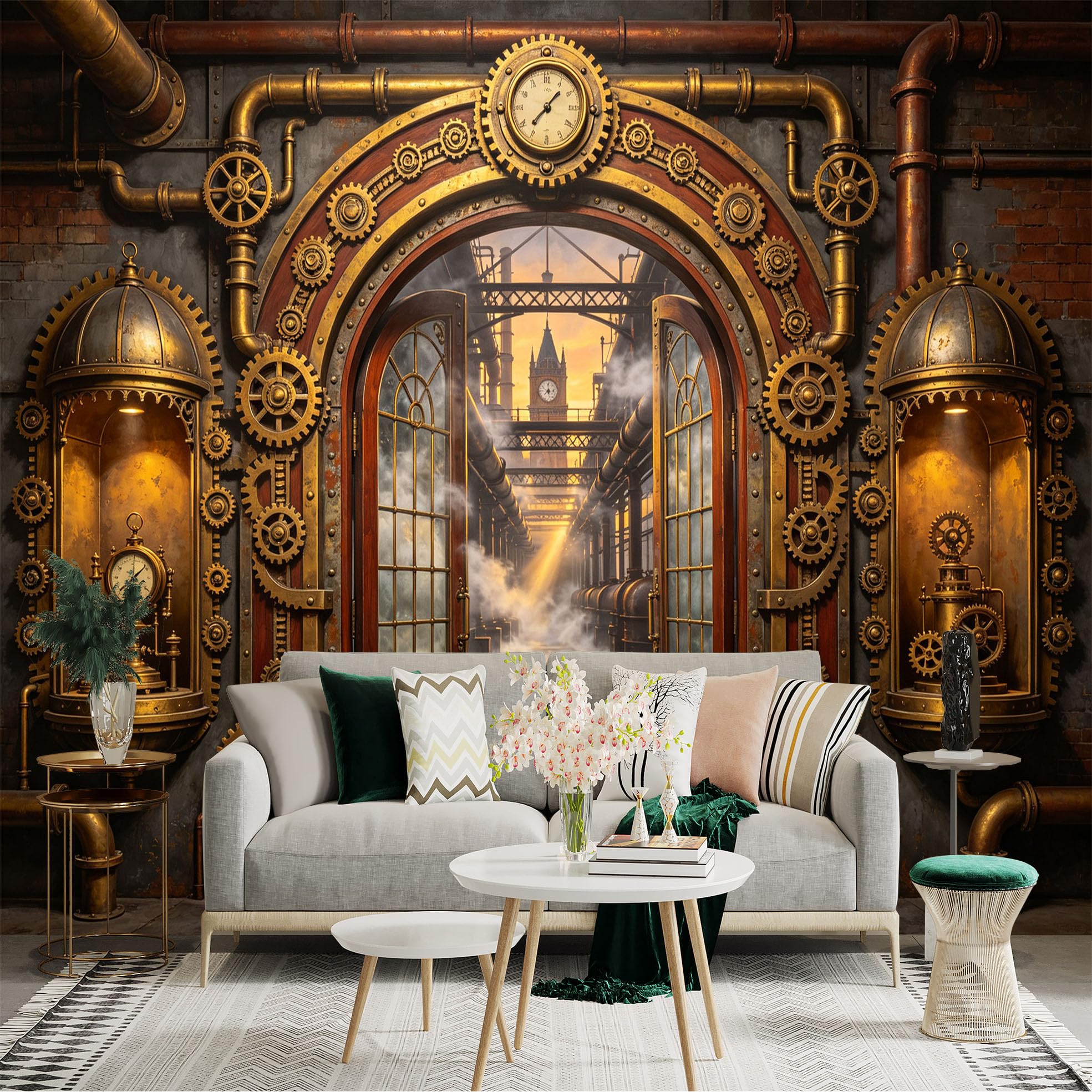 Custom Size Wall Sticker Mural， Vintage Mechanical Gears， Industrial Clockwork Doorway， Brass Pipes， for wall Decoration， peelandstick wall Decals.