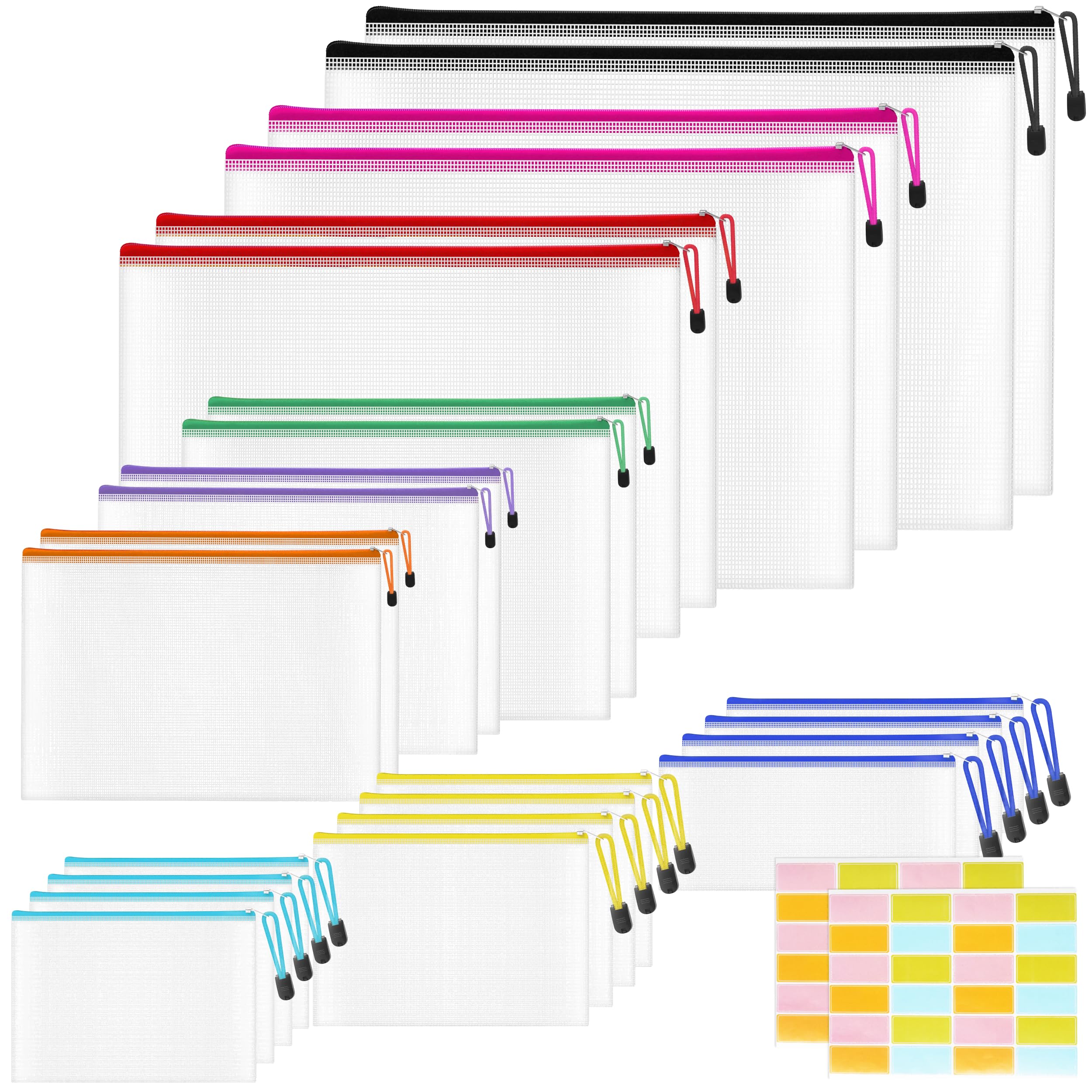 Plastic Zip Wallets A4 Folders - 24PCS Zip Lock Bags Waterproof Document File Folders Multi-Size Storage Bags Mesh Zipper Pouches for School, Office, Home and Travel (A3 B4 A4 B5 A5 B6 A6 Bill B8)