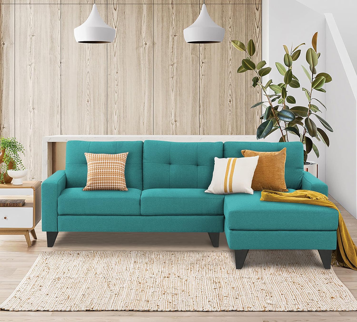 Adorn India Midas L Shape 6 Seater Sofa Set Right Hand Side (Aqua Blue
