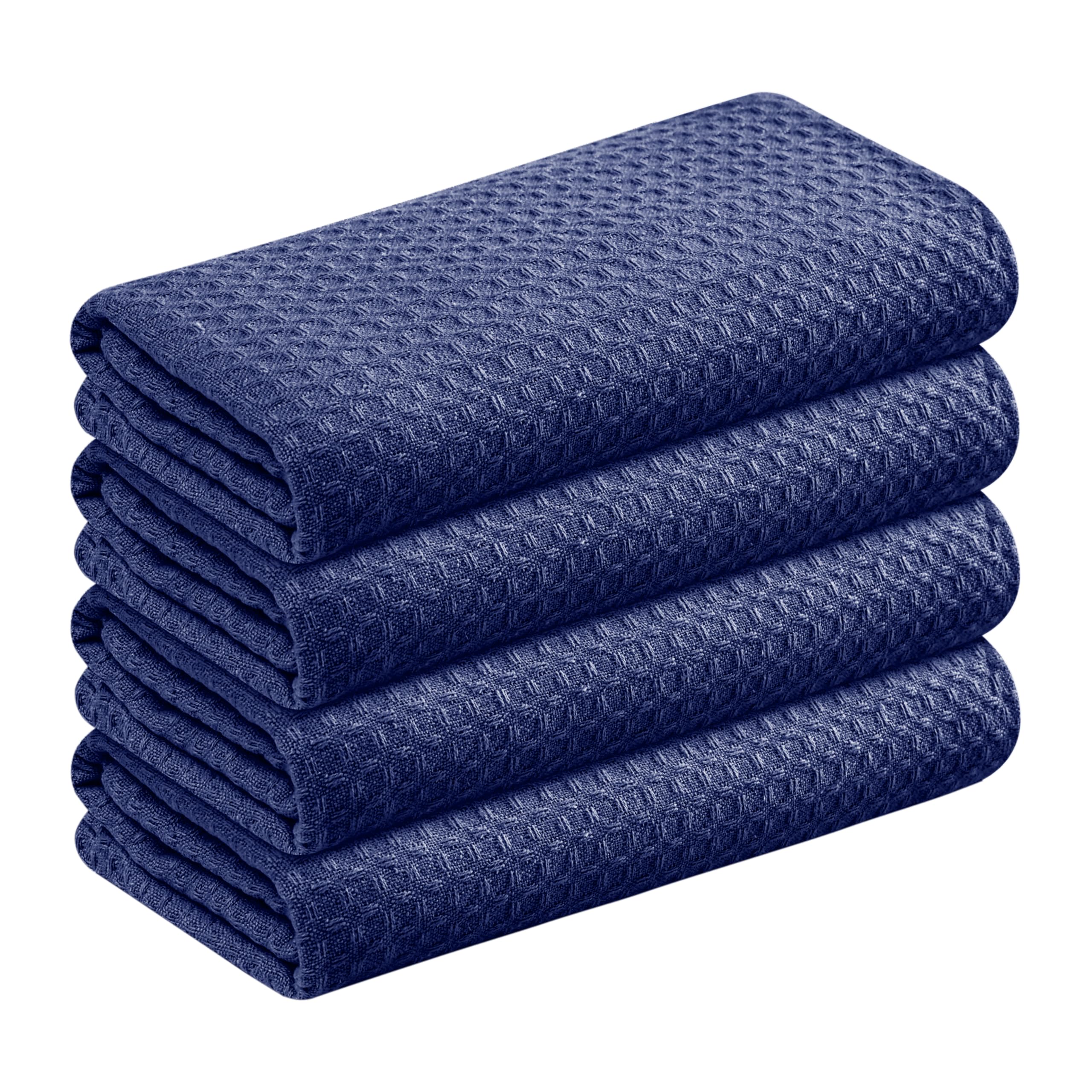 Waffle Weave Dish Towels 4 Pack, 16x26 Inches, Quick Dry Towels for Kitchen, Reusable, Absorbent Wash Cloths Set, Washable Fabric, Heavy Duty for Daily Use - Indigo Blue