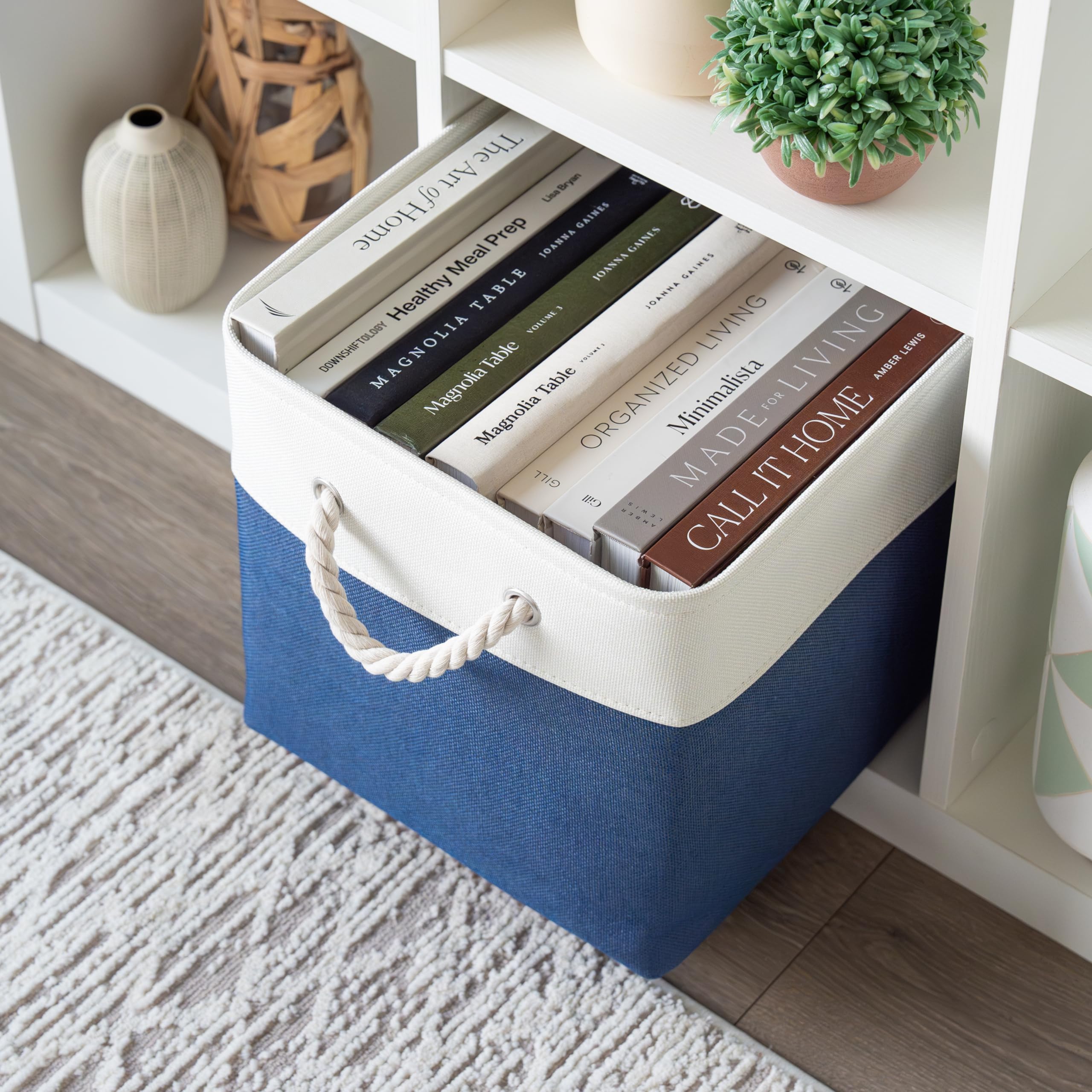 OrganiHaus Set di 4 Cubi Scatole Portaoggetti 30x30, Cestini Portaoggetti in Tessuto con Manici in Corda, Cubi Portaoggetti Pieghevoli per Libreria Kallax, Cestino per la Cameretta. Blu navy