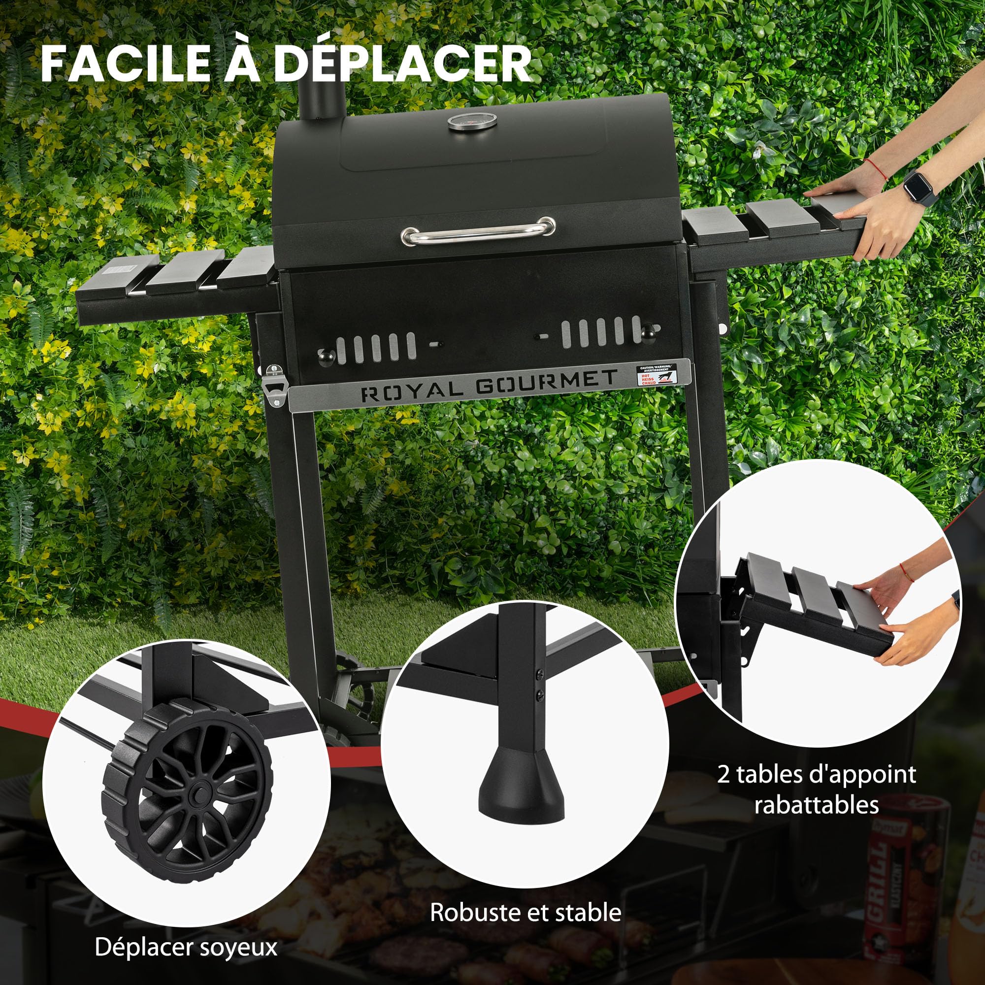 Royal Gourmet Barbecue a Carbone da Legno, griglia a Carbone su Carrello con Ripiani Pieghevoli, Coperchio, termometro, Superficie Cottura 56,5 x 42,2 cm, per Giardino, Campeggio, Nero