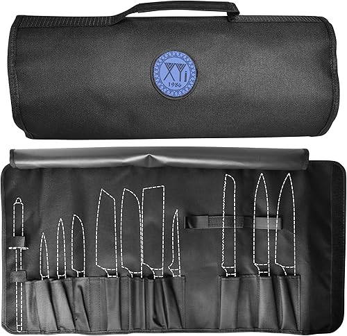 XYJ Kithcen - Bolsa de rollo para cuchillos (13 ranuras) con capacidad para 12 cuchillos y afilador, para cocinar, portátil, duradero, bolsillos de