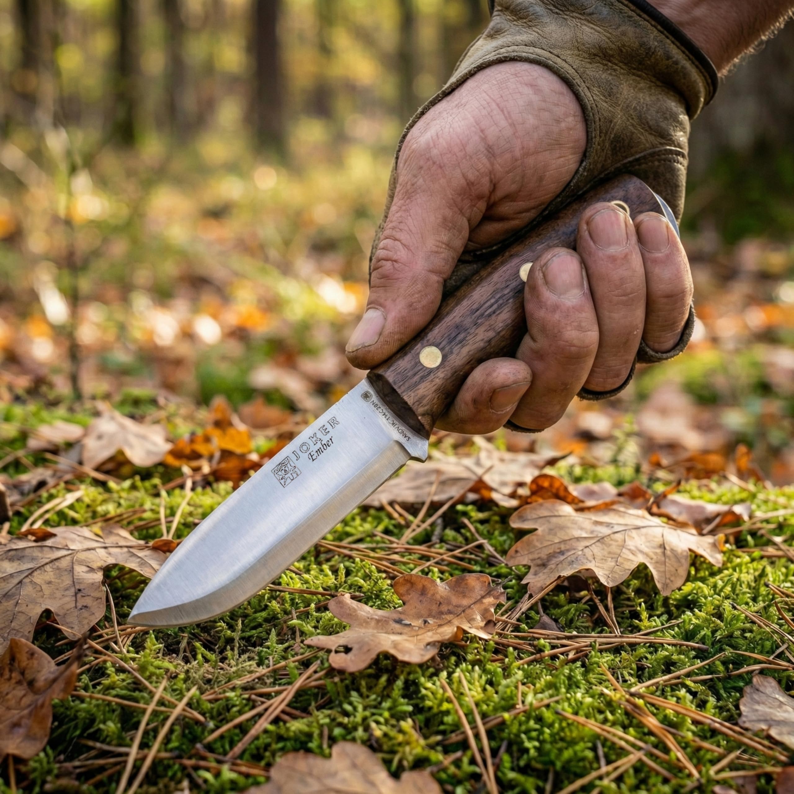 Joker Cuchillo de monte y caza Ember Scandi CN122, hoja de 10,5 cms, mango Nogal, funda piel marrón, incluye paracord, Herramienta de pesca, caza, camping y senderismo