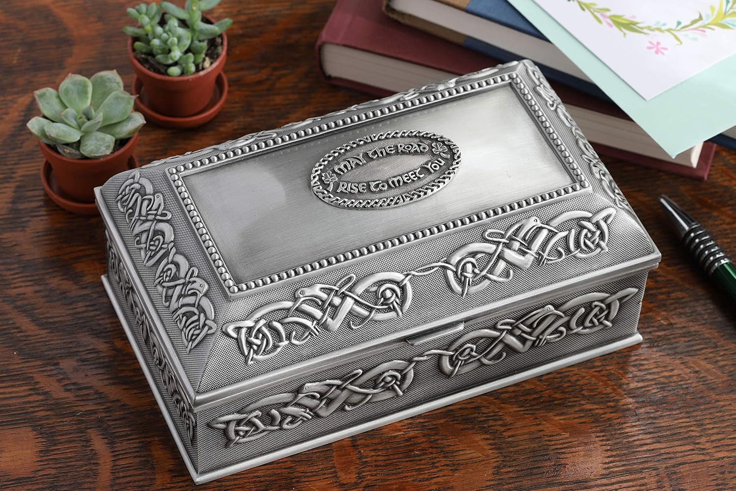 Biddy Murphy Irish Gifts Celtic Pewter Jewelry Box, May the Road Rise Medallion, Velvet Lined, Imported - Image 3