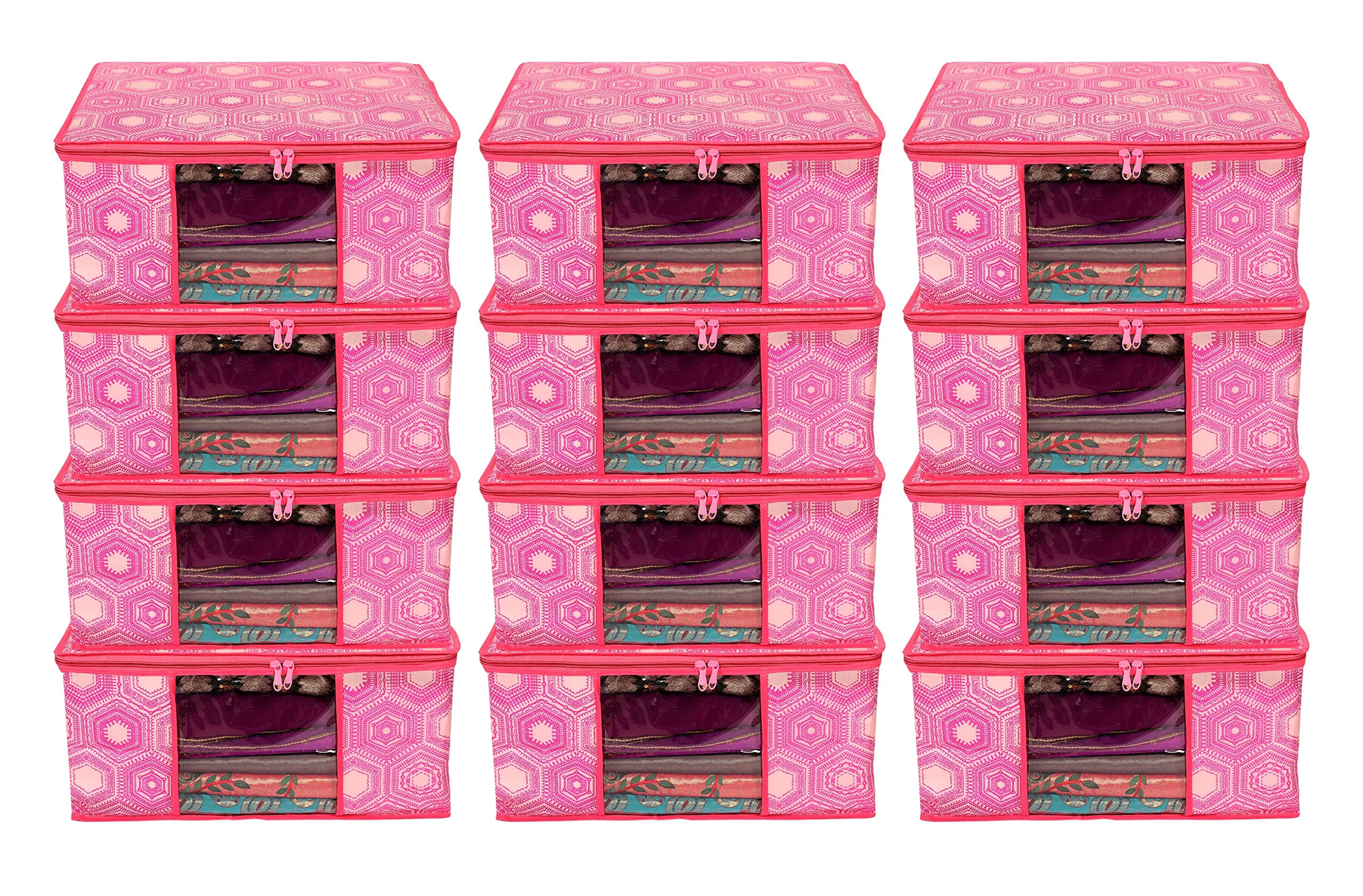 PENADIYA 12 Piece Printed Non Woven Saree Cover Set,Clothes Organiser For Wardrobe Set with Transparent Window And Zipper (PACK OF 12, B-17 Pink)
