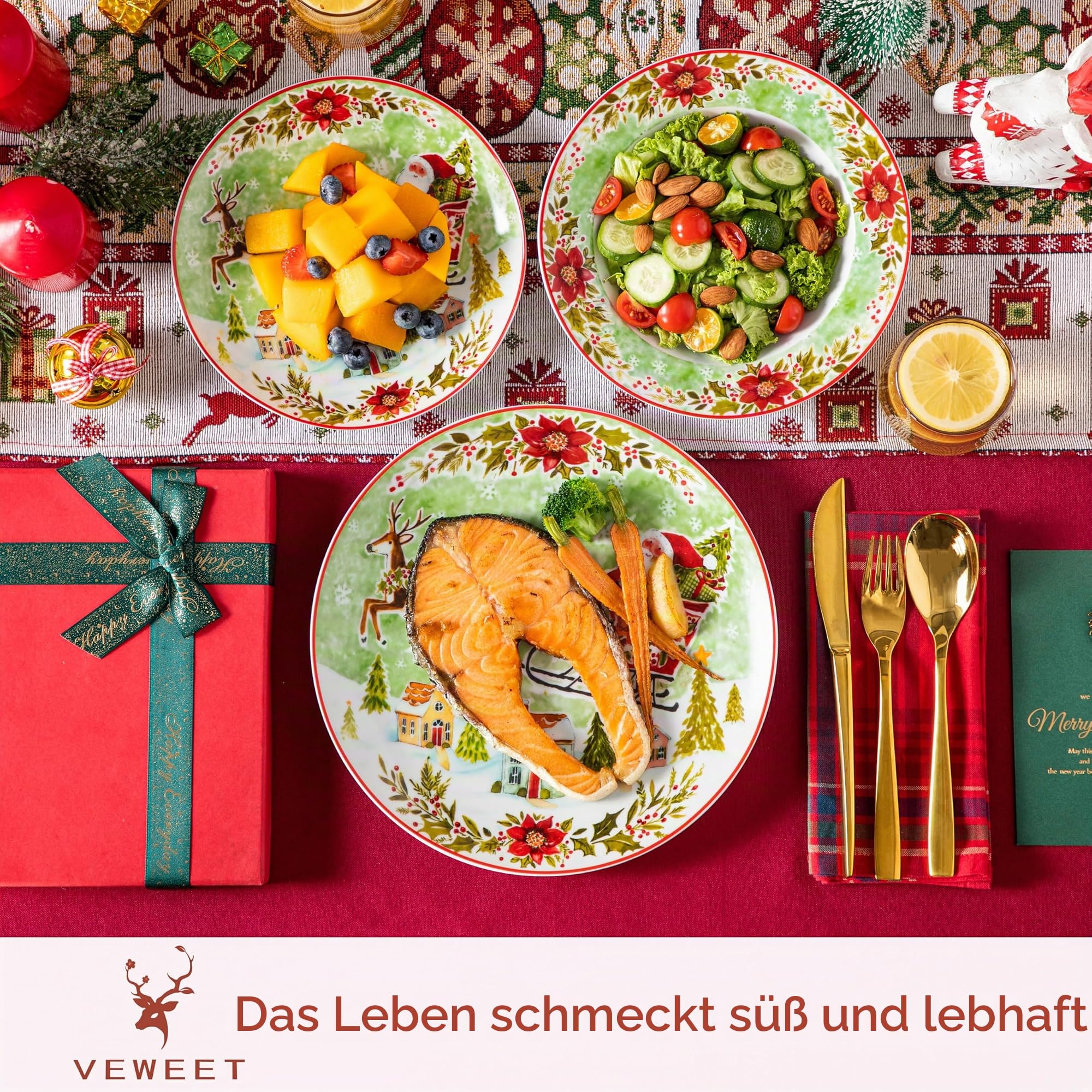 VEWEET, Serie XMAS, 18-teiliges Porzellan Weihnachtsgeschirr Set für 6 Personen – Teller Set aus 6 Speiseteller, 6 Dessertteller, 6 Suppenteller, Weihnachtsgeschirr mit Weihnachtsmann und Rentiere