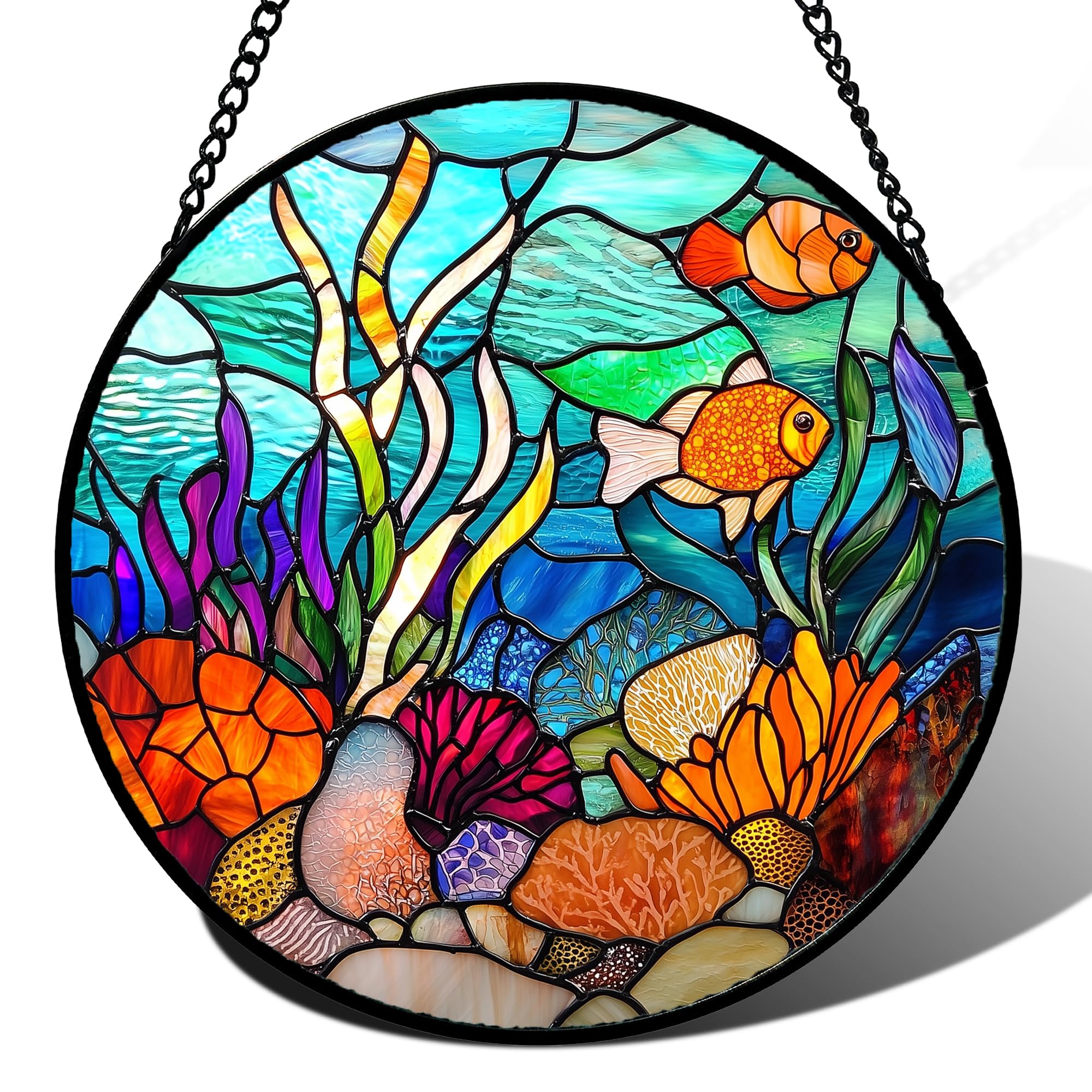 JOSUMALY Stained Glass Window Hanging,Blue Ocean Colorful Underwater World Fish Scenery Suncatcher for Doors Window Home Sun Catchers Decor Mother's Day Birthday Gifts for Women, Men Mom 6.3 in