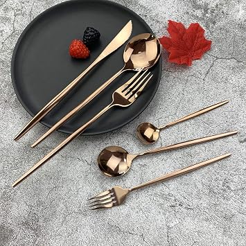 JASHII Silverware Set, Mirror Polished Copper Flatware Cutlery Set Service for 6, Shiny Finish 36 Pieces Stainless Steel Utensils Set Dinner Knife Fork Spoon Dessert Fork Salad Spoon Dishwasher Safe