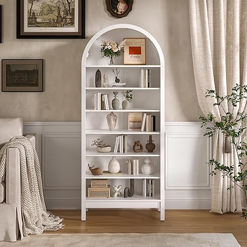 70" Tall Arched Bookshelf, 7-Tier Bookcase with 3 Adjustable Shelves, Modern Farmhouse Storage Shelf for Living Room, Entryway, Hallway & Office, Open Display Design, White