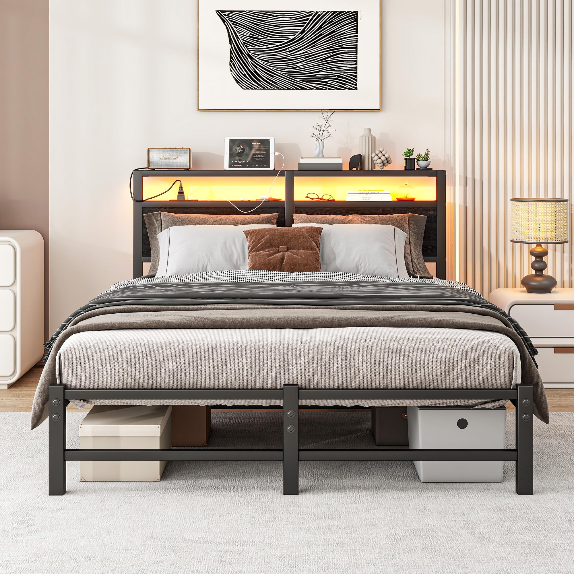 VERFARM Double Bed Frames with Storage Shelf Headboard, Black