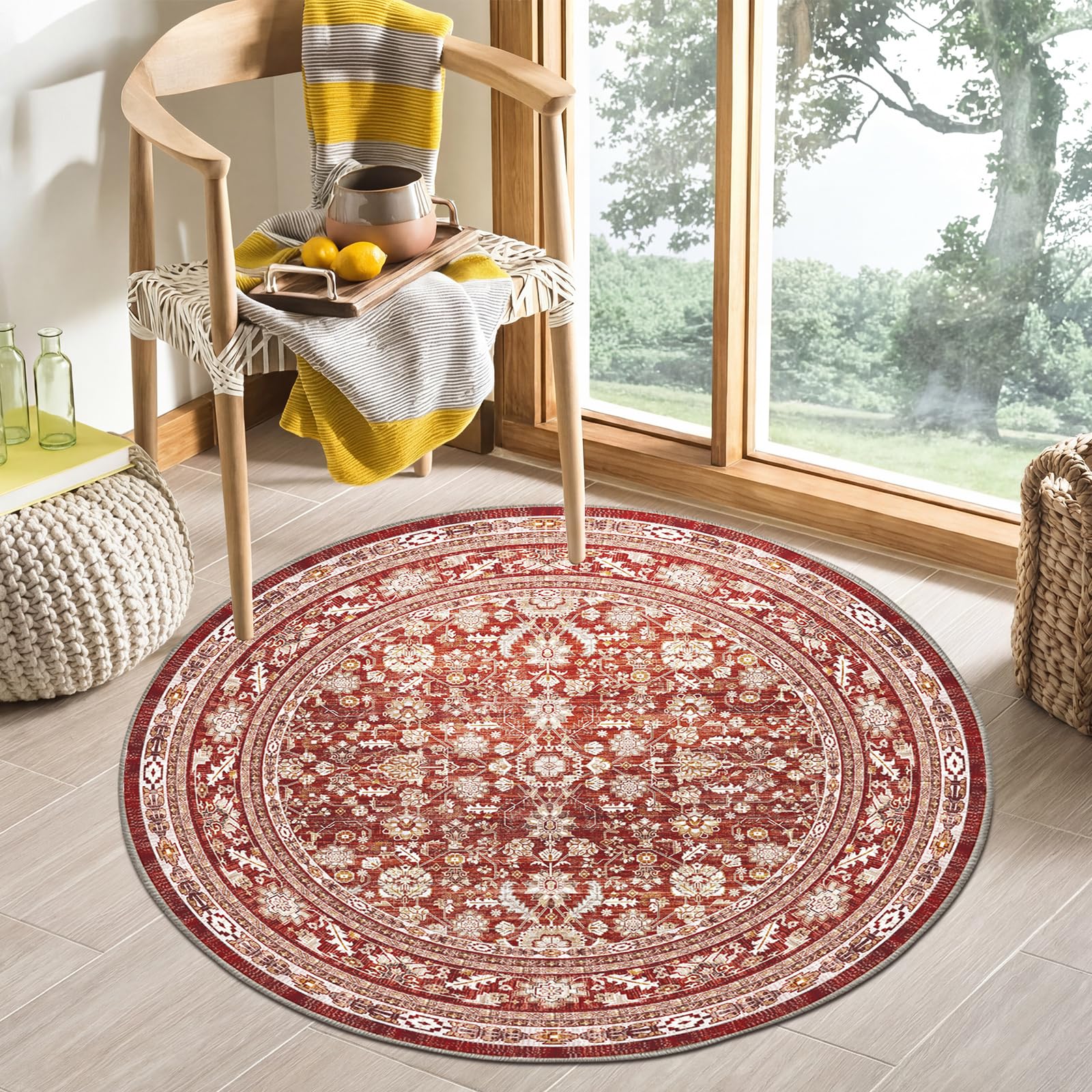 OPPODREAM Vintage Red Round Rug 3ft, 3 ft Retro Washable Circle Rug Non Slip, Low-Pile Faux Wool Circular Carpet, Distressed Floor Mat for Living Room