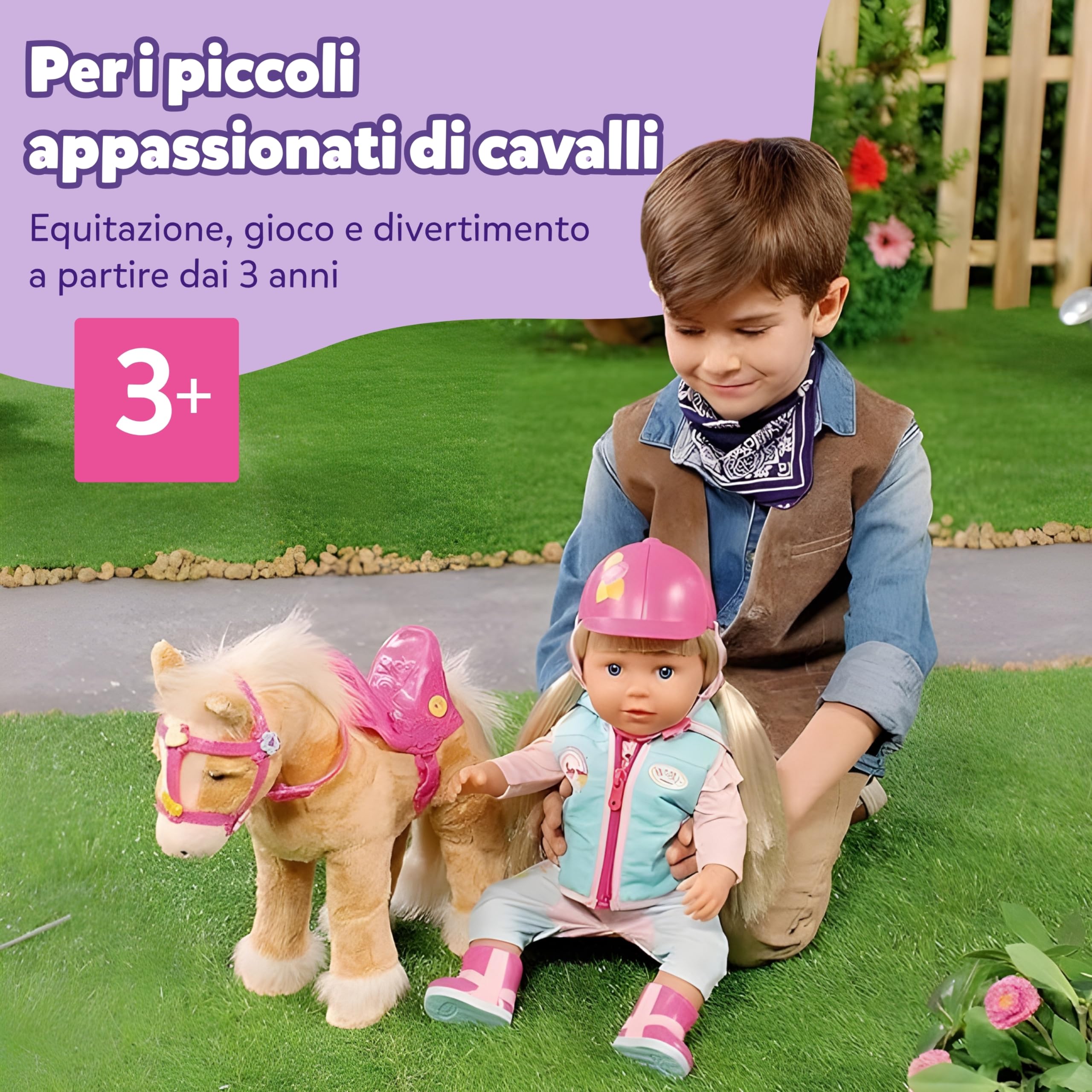BABY born Il mio cavallo Cutie Click & Play con trasportino | Funzione di camminata e suoni, sella rosa, briglie, spille decorative
