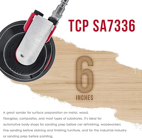 Miniatura 5 de TCP Global Lijadora de palma neumática profesional de doble acción de 6 pulgadas con almohadillas de respaldo PSA y gancho y bucle, lijadora