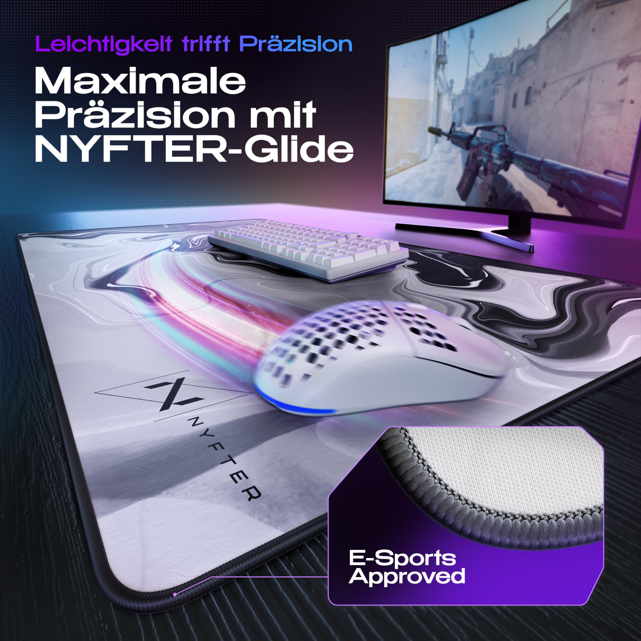 Nyfter Nyfpad - Tappetino per mouse da gioco di alta qualità, XXL, 900 x 500 mm, design liquido, senza onde con bordi cuciti (bianco-nero)