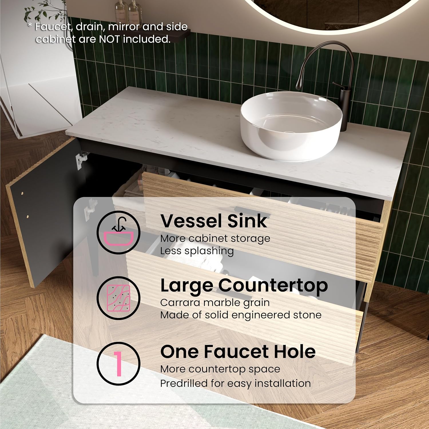 48 Inch Bathroom Vanity with Sink, Modern Striped Bathroom Cabinet with Engineered Stone Top, Soft-Closing Drawers, 1 Door, Large Storage for Small Bathroom, Natural Oak, Cypress Collection