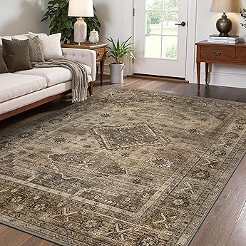 GENIMO 8x10 Area Rugs for Living Room, Machine Washable Non Slip Vintage Rugs, Low Pile Lightweight Chenille Print Rug for Bedroom, Dining Room, Home Office, Center Blue
