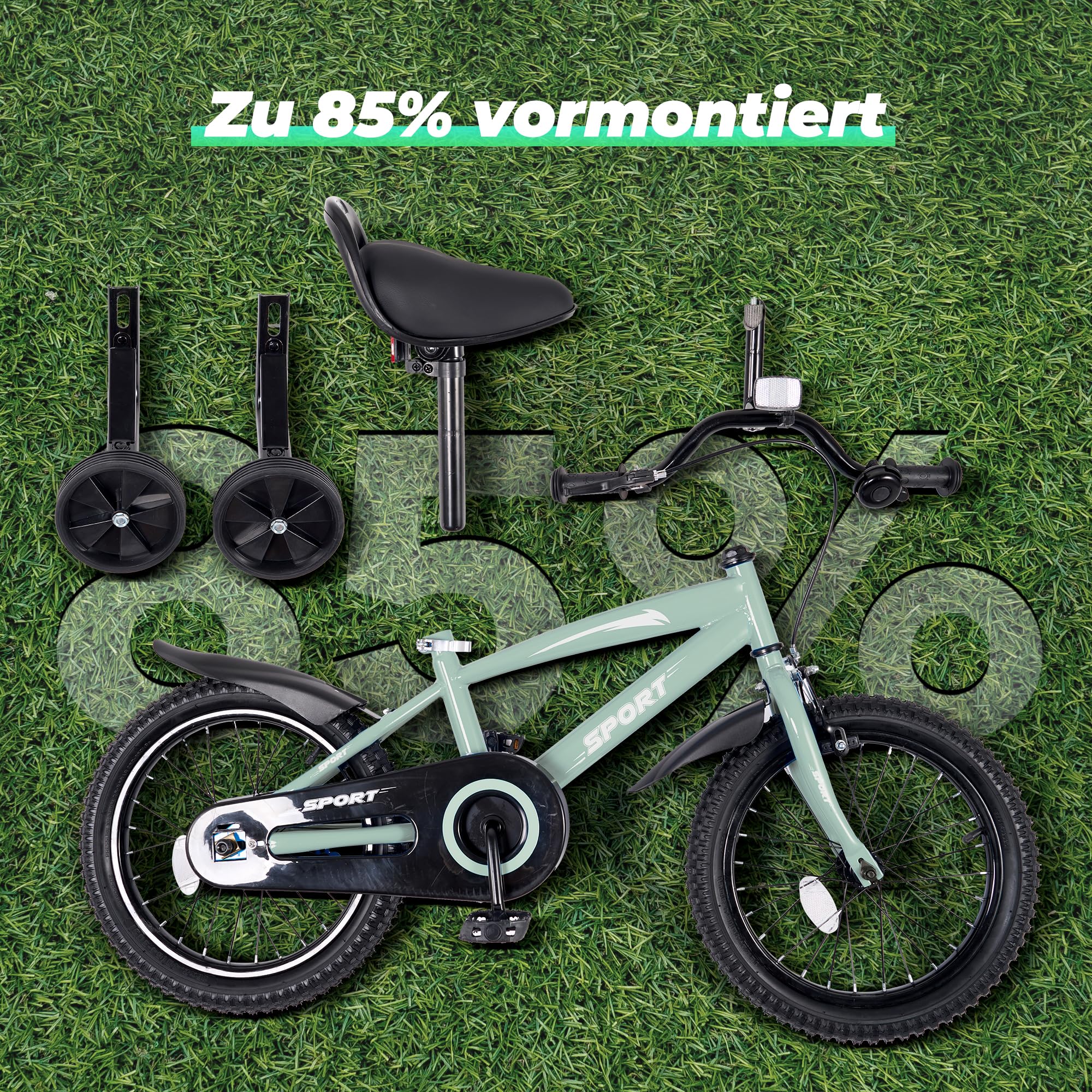 BODIOO Kinder Fahrrad 12 Zoll Kinderfahrrad mit verstellbarem Sitz, Dualbremsen, Stützrädern, Reflektor und Schutzblech, geeignet für Fahrer von 84 bis 97 cm