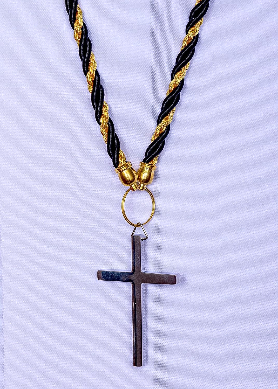 Two Tone Clergy Cord (Black - Gold) With Silver Cross 023