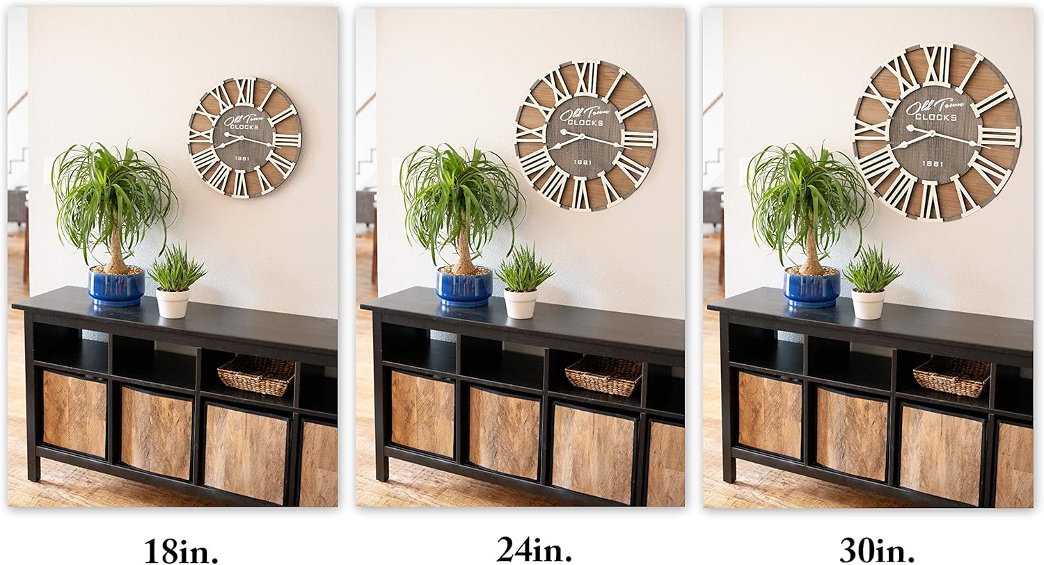 30" Rustic Farmhouse Roman Wooden Wall Clock Silver Hands (Whitewood Lettering, 30 inch)