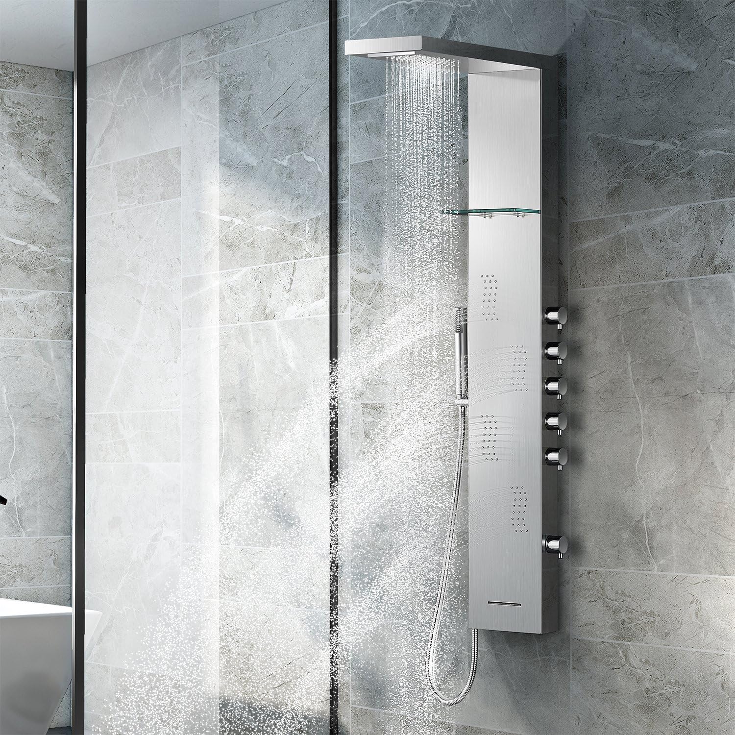 Vantory 53'' Shower Panel Tower System with Rainfall Shower Head SUS 304 Stainless Steel Multi-Function Massage Systerm With 4 Body Jets Waterfall Tub Spout,Brushed Nickle