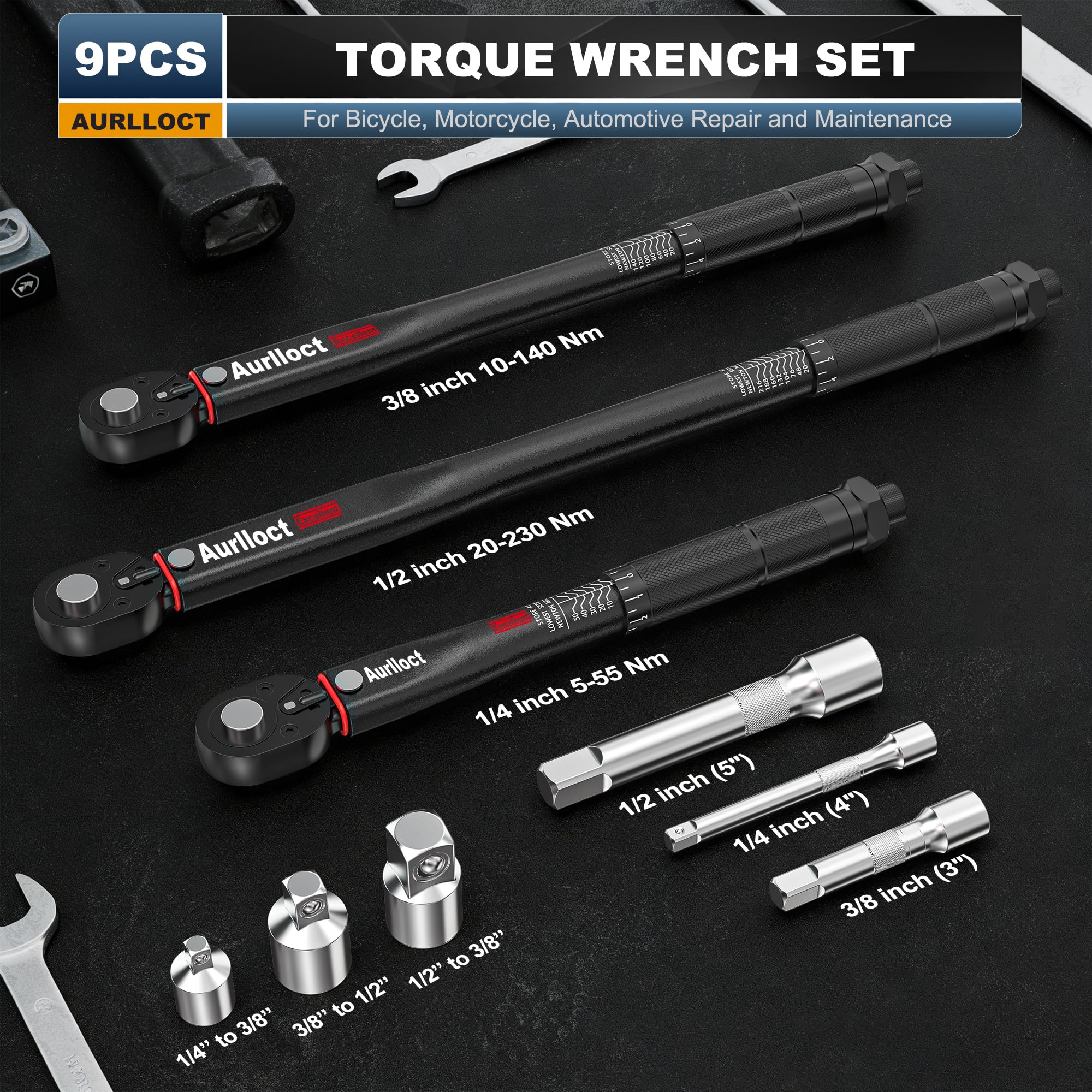 Juego de Llave Dinamométrica 1/4" & 3/8" & 1/2", Llaves Dinamométricas 5-55Nm, 10-140Nm, 20-230Nm, 72 Dientes Cabezal Reversible, para Bicicleta, Moto, Coche, 9 Piezas