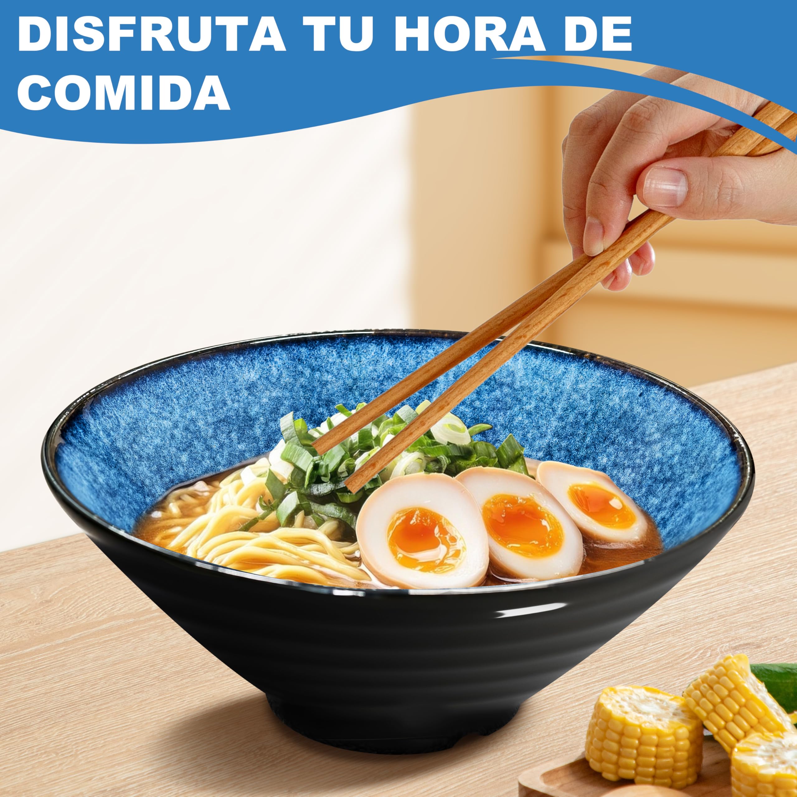 8 Pulgadas Juego De 2 Cuencos De Ramen De Cerámica (8 Piezas), Con Tenedor Palillos Chinos y Cuchara Cuenco Japonés para Sopa de Fideos Ensalada Ideal para Regalo Apto Lavavajillas y Microondas