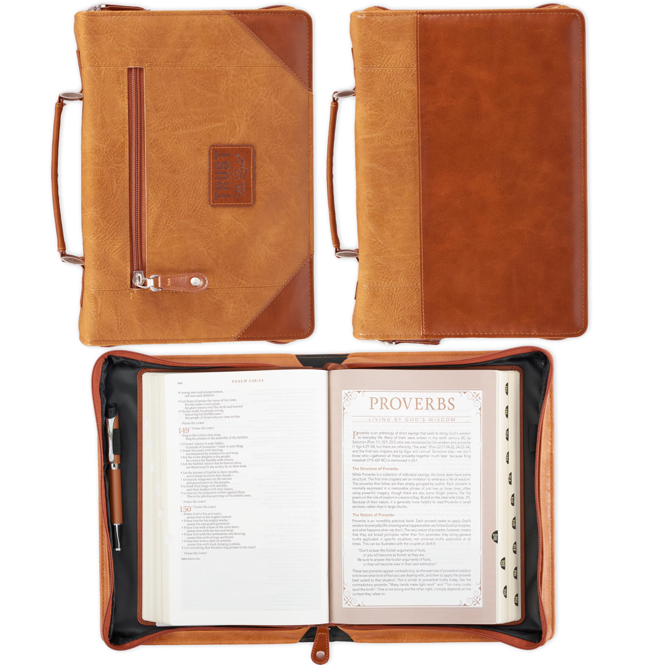 Christian Art Gifts Custodia classica per bibbia in pelle vegana da uomo: Trust in The Lord - Inspirational Bible Verse, robusta custodia per libri facile da trasportare con passanti per penna,