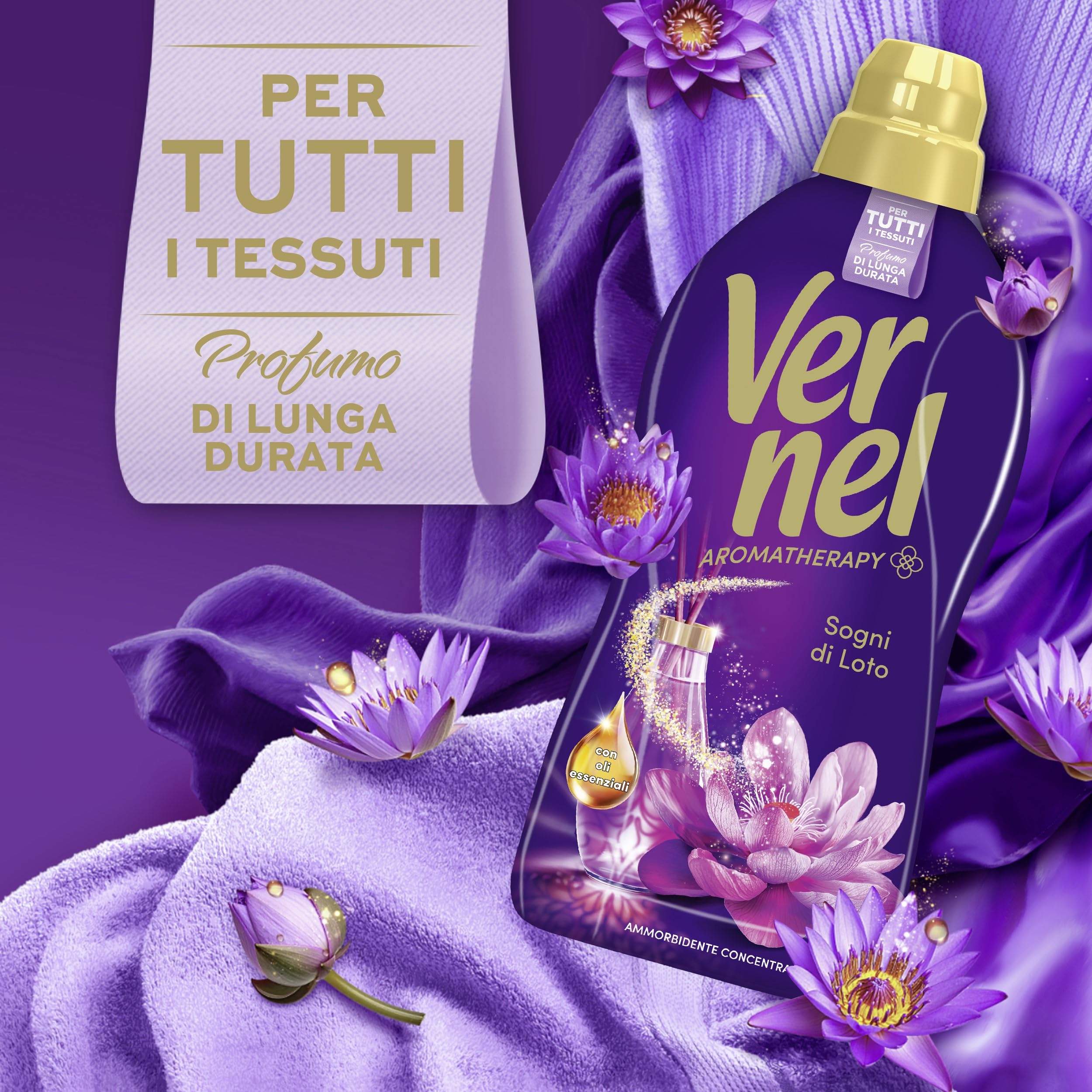 Ammorbidente Concentrato Vernel Aromatherapy Sogni di Loto (10 x 48 lavaggi), Ammorbidente Concentrato per Tutti i Tessuti, Profumo di Lunga Durata con Oli Essenziali