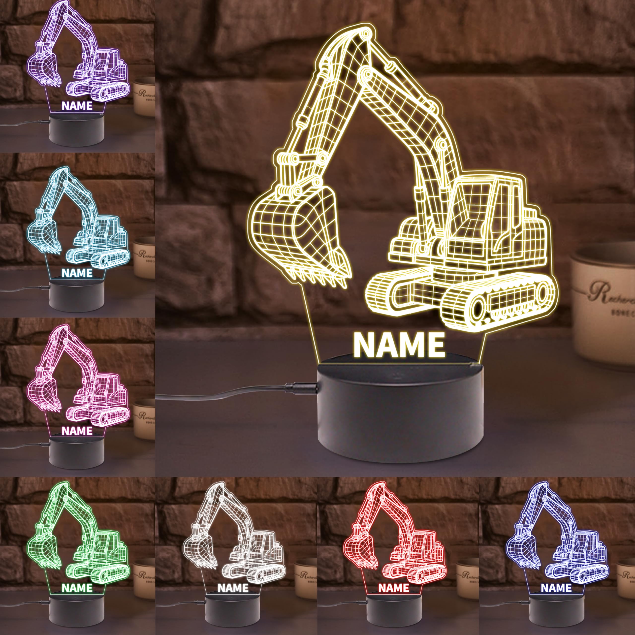 AHROZHOUIK Personalised Acrylic Excavator Night Light Custom Name Funny Excavators Themed Neon Sign for Home Bedroom Decor Gifts for Family Friend Excavator Lovers Birthday Xmas (Style 15)