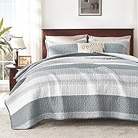 Vista 18 de Andency - Juego de ropa de cama Queen, edredón de patchwork azul mineral, 3 piezas, colcha de verano a rayas ultra suave y ligera, juego