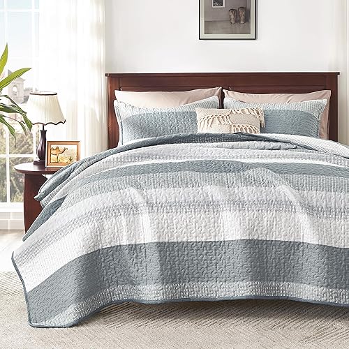 Miniatura 18 de Andency - Juego de ropa de cama Queen, edredón de patchwork azul mineral, 3 piezas, colcha de verano a rayas ultra suave y ligera, juego de 18 -