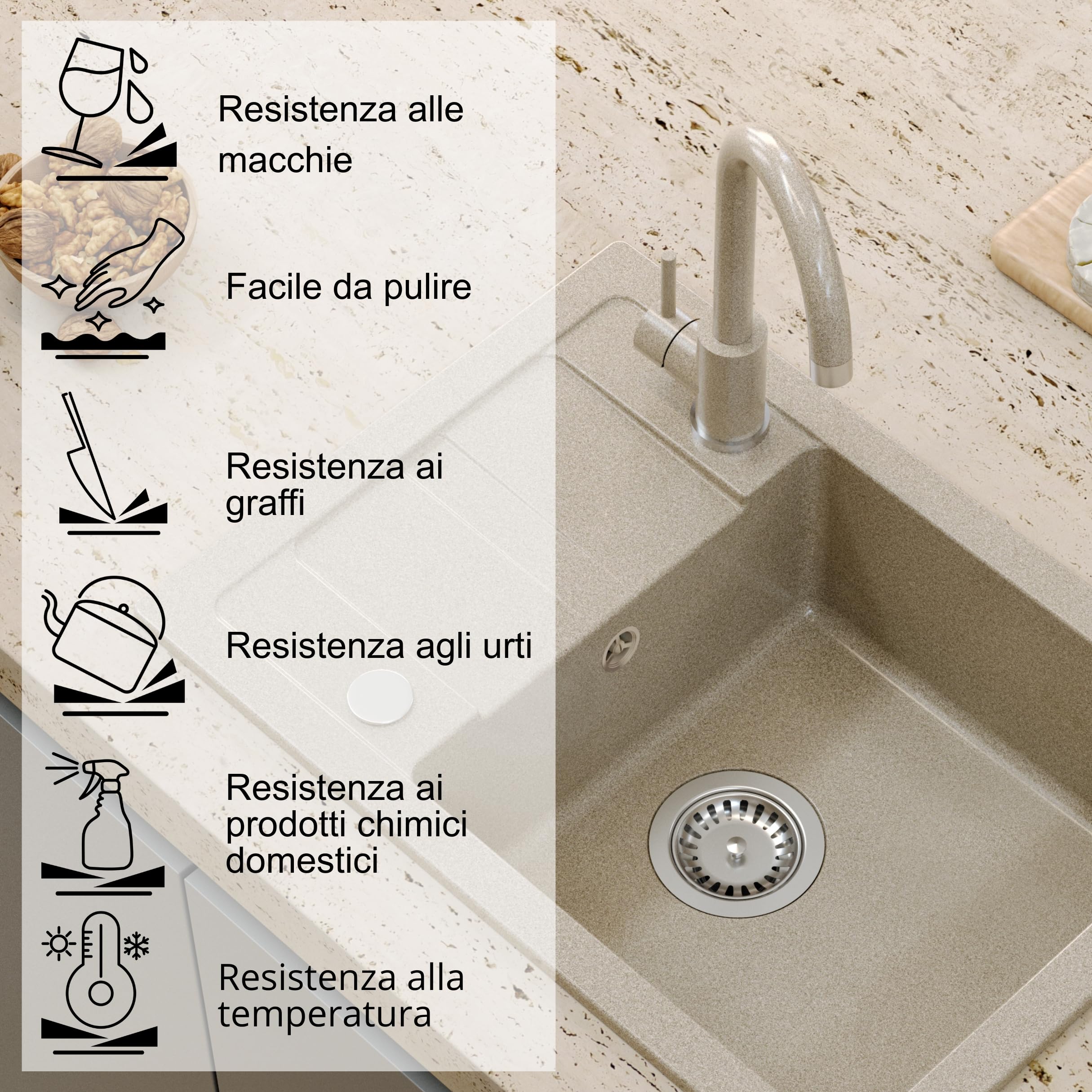 QUADRON Lavello da cucina in granito | Dimensioni 62 x 44 x 17,5 cm Beige | Lavello GO SMART in granito Lavello a vasca singola | Lavello da incasso con rubinetto da cucina