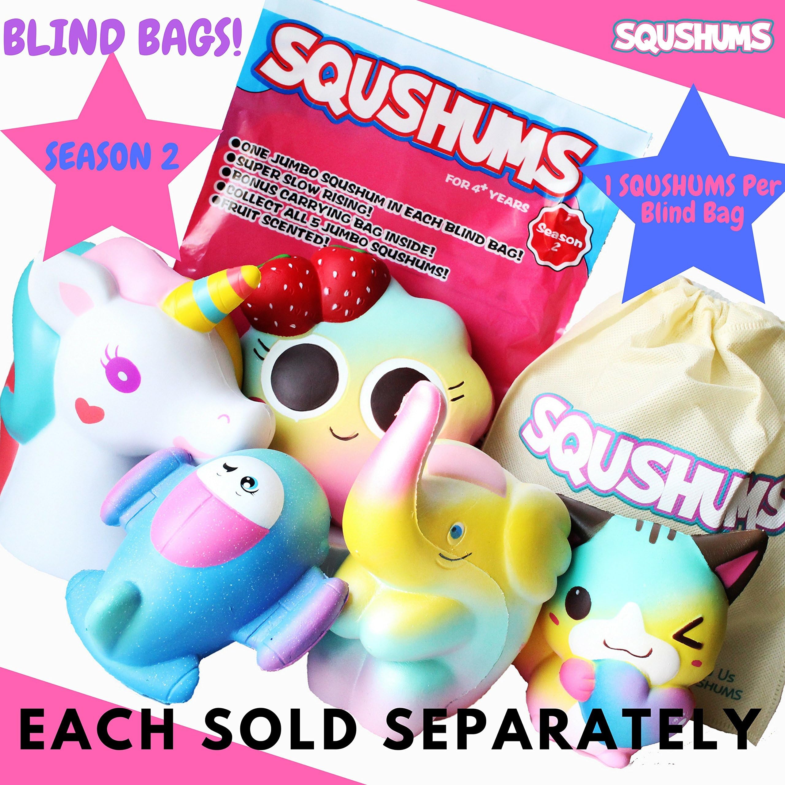 Original Squishies by Squshums , Slow Rising Fruit Scented Jumbo Squishys : 1 Squishy Toy Per Blind Bag : Get a Unicorn, Airplane, Heart Cat, Strawberry Cake OR Elephant Toys : FREE Carrying Case!
