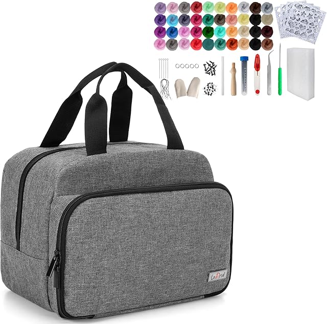 LoDrid Needle Felting Kit with 40 Colors Wool Roving (5g), DIY Needle Felting Supplies Storage Bag Felting Needles Craft Set, Portable Needle Felting Tools for Adult Kid, Grey (Patented Design)