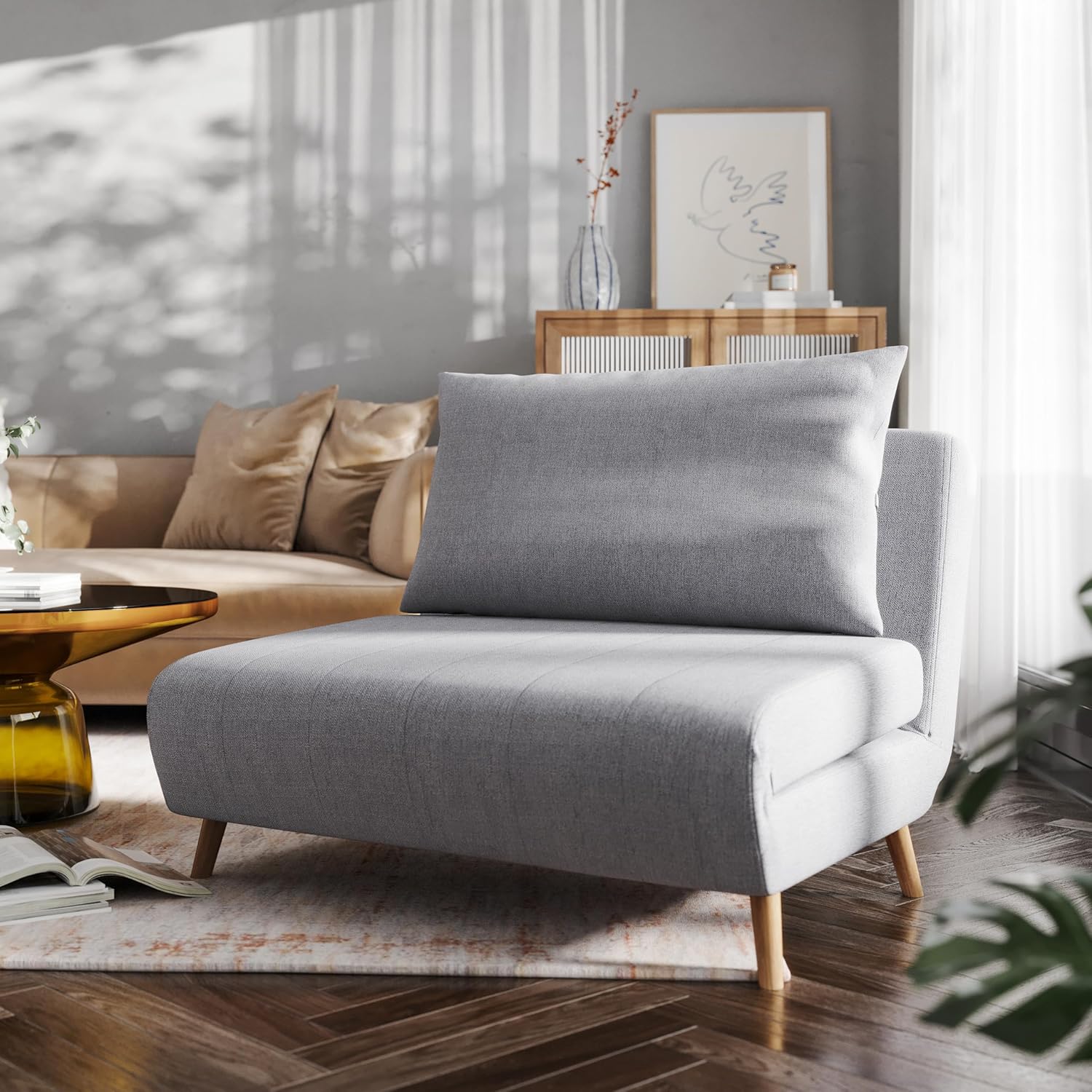 EMMA + OLIVER Stillwell 3-in-1 Convertible Sleeper Chair with Hideaway Legs and Pillow in Channel Stitched Light Gray Fabric Upholstery