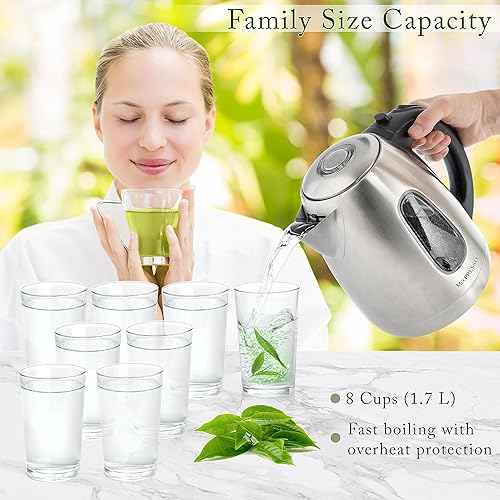 Miniatura 4 de Mixpresso Hervidor eléctrico de acero inoxidable, Olla inalámbrica 1.7L Hervidor eléctrico portátil de agua caliente, Olla de ebullición rápida