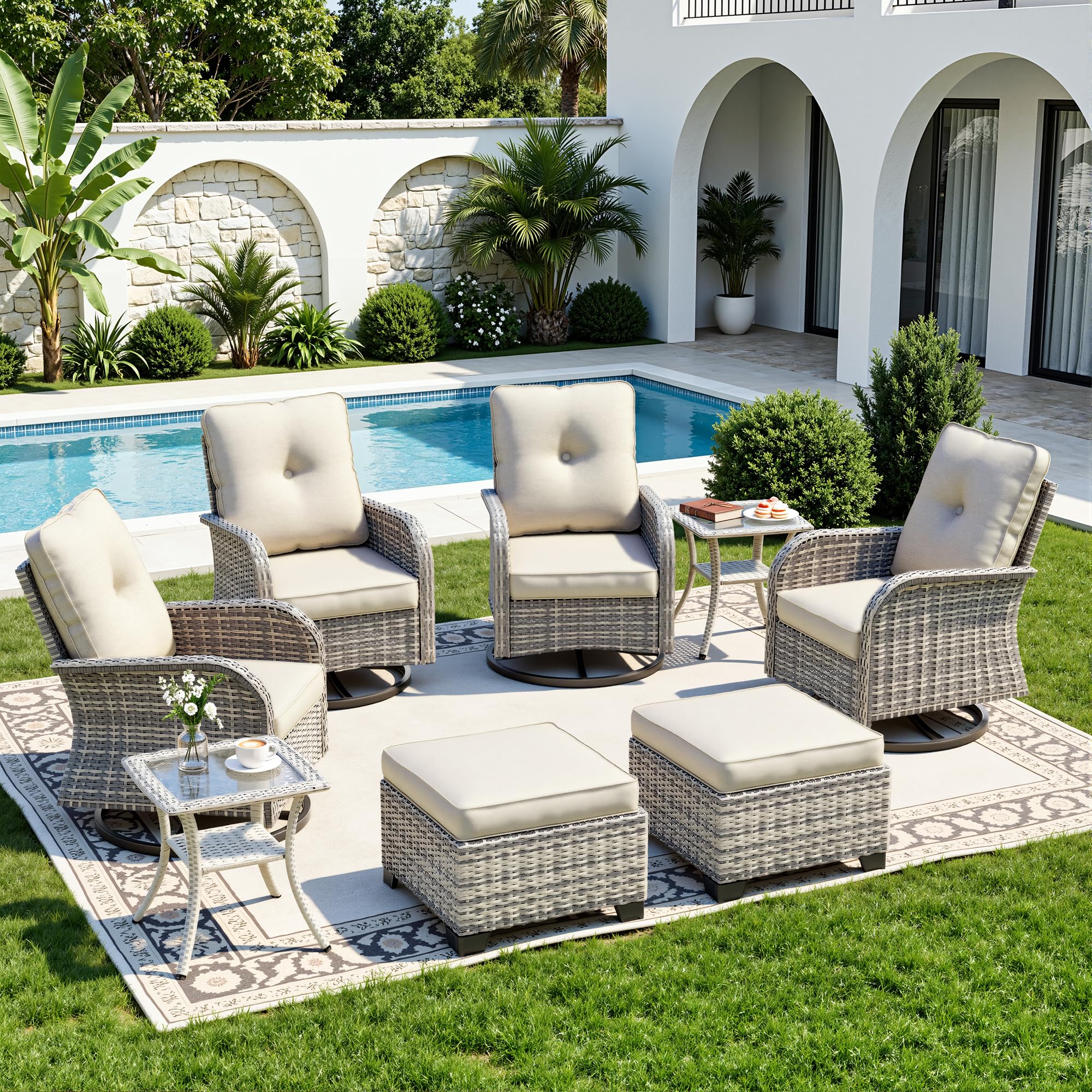 8-Piece Small Patio Furniture Set, Outdoor Swivel Rocking Chairs Set with Ottomans, Patio Bistro Set for Balcony, Deck, Porch,Ivory