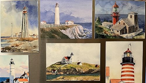 Miniatura 2 de Cap des Rosiers - Imán para nevera con diseño de faro de 3.5 x 4.75. Península de Gaspé, Quebec, Canadá. Pintura en acuarela de James Mann