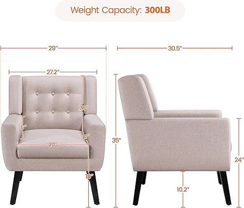 Miniatura 2 de Yaheetech Silla decorativa, moderno sillón copetudo con botones, sillas de tela de lino para sala de estar, dormitorio, cómoda silla de lectura de