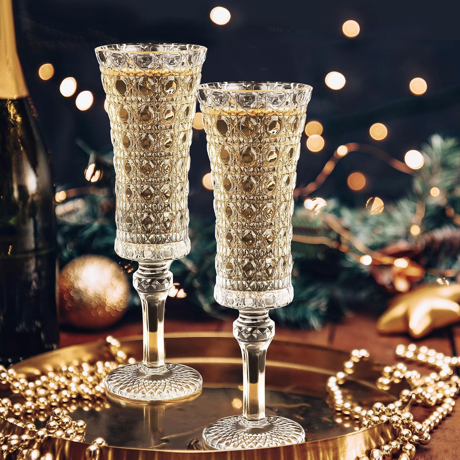 Joeyan Vintage Glass Champagne Flutes,4 oz Embossed Sparkling Wine Glasses for Cava Prosecco,Diamond Patterned Toasting Goblet Glasses,Decorative Stemware for Wedding Anniversary Birthday,Set of 4 - Image 3