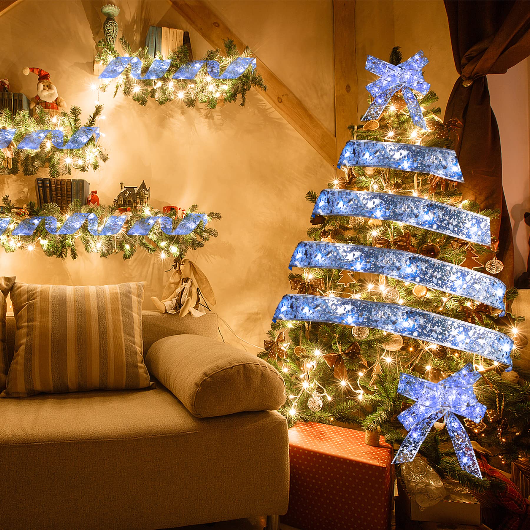 2PCS Christmas Glow Ribbon Lights,Total 33ft with 100 LED Lights Christmas Tree Decoration, Battery Operated String Lights for Holiday Party Indoor Outdoor Farmhouse Garden Decorations (Blue White)