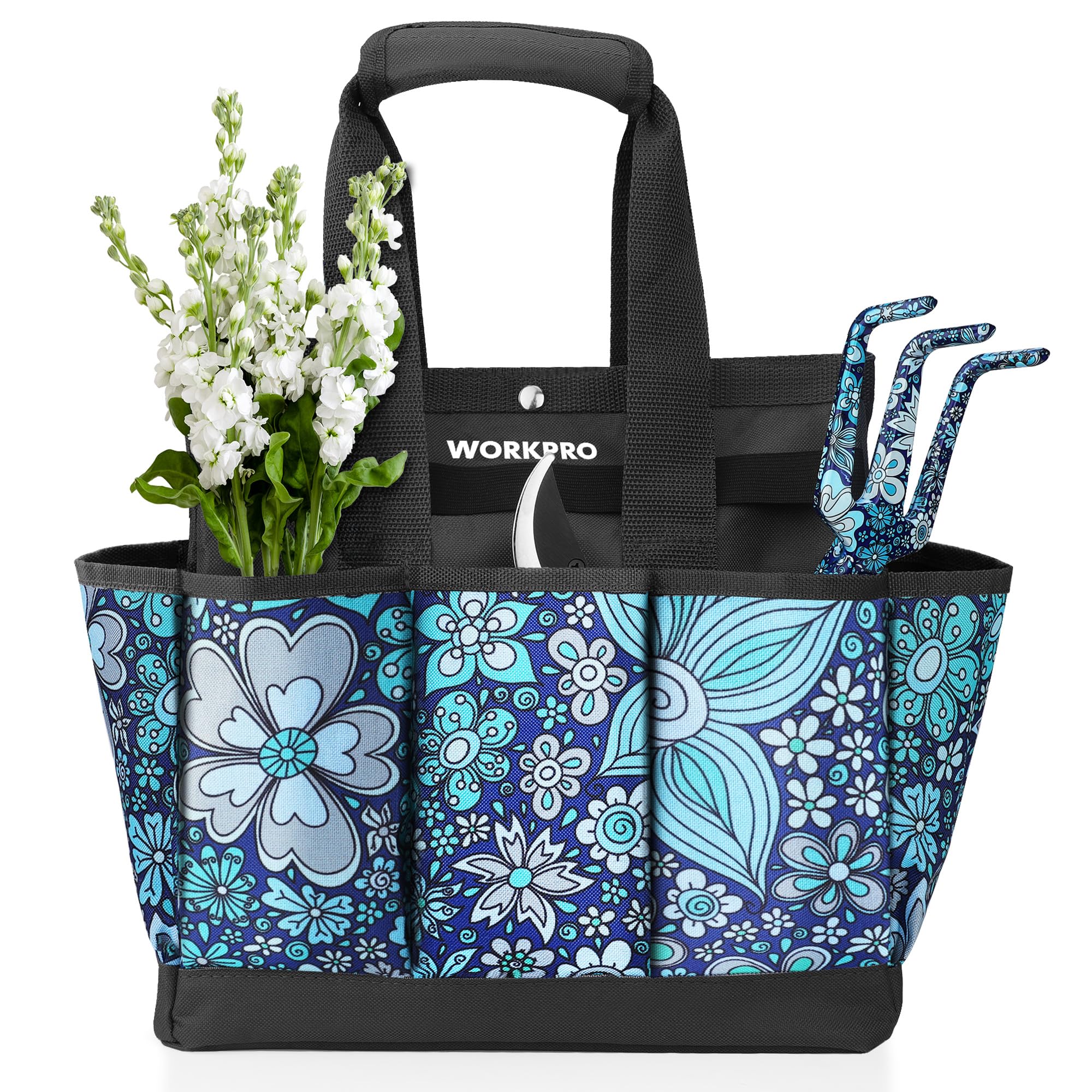 WORKPRO Garden Tool Bag, 9 Pockets Gardening Bag, Heavy Duty Oxford Garden Tote Caddy (Tools NOT Included), 12" x 12" x 6" (Floral Blue)