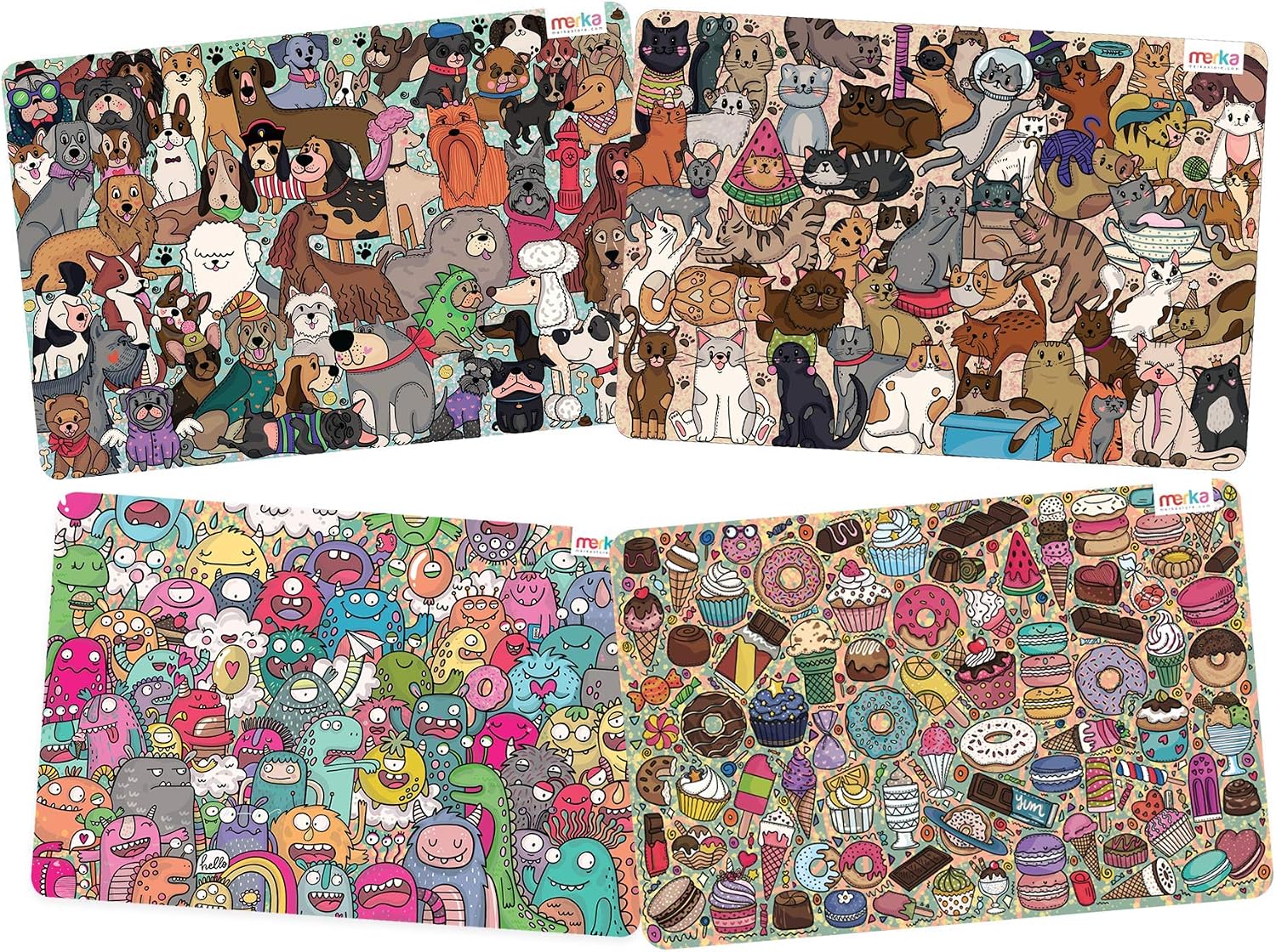 merka Fun Placemats Toddler Placemat Kids Placemats Set of 4 Cats Dogs Monsters Sweets Plastic Placemats for Kids