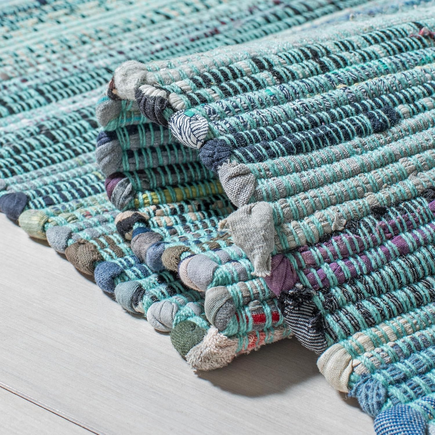 SAFAVIEH Rag Rug Collection Runner Rug - 2'3" x 6', Turquoise & Multi, Handmade Boho Stripe Cotton, Ideal for High Traffic Areas in Living Room, Bedroom (RAR127C)