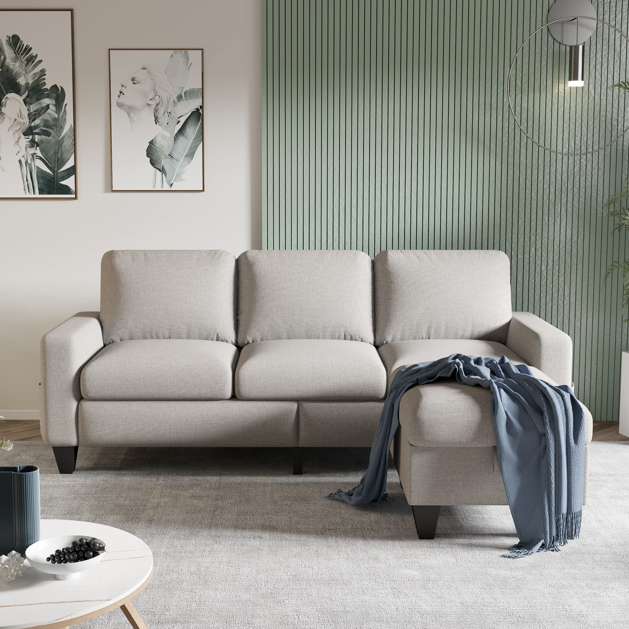 Convertible Sectional Sofa L-Shaped Couch, Beige Couches for Living Room with Reversible Chaise, 3-Seat Modern Linen Sectional Couches for Living Room/Apartment/Office/Small Space