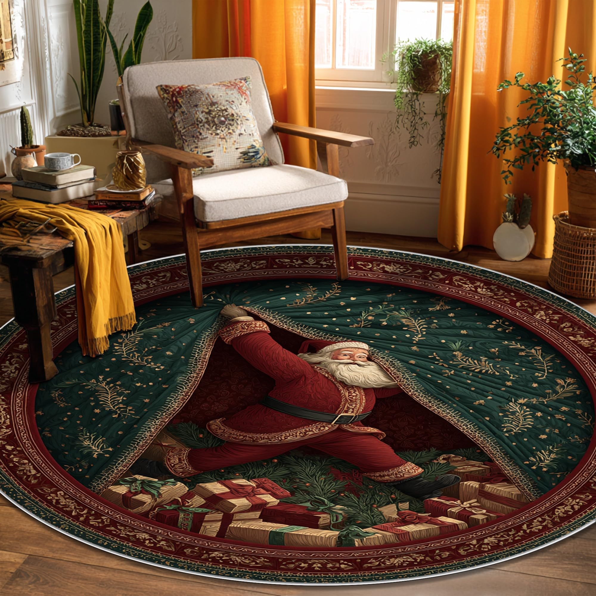 Weihnachtsmann-Teppich, weihnachtliche Geschenke, Vorhang, Weihnachtsmotiv, rutschfeste Unterseite, farbecht, ästhetische Teppiche für Wohnzimmer, Schlafzimmer, Flur, Büro, Dekoration, 1,8 x 1,8 m